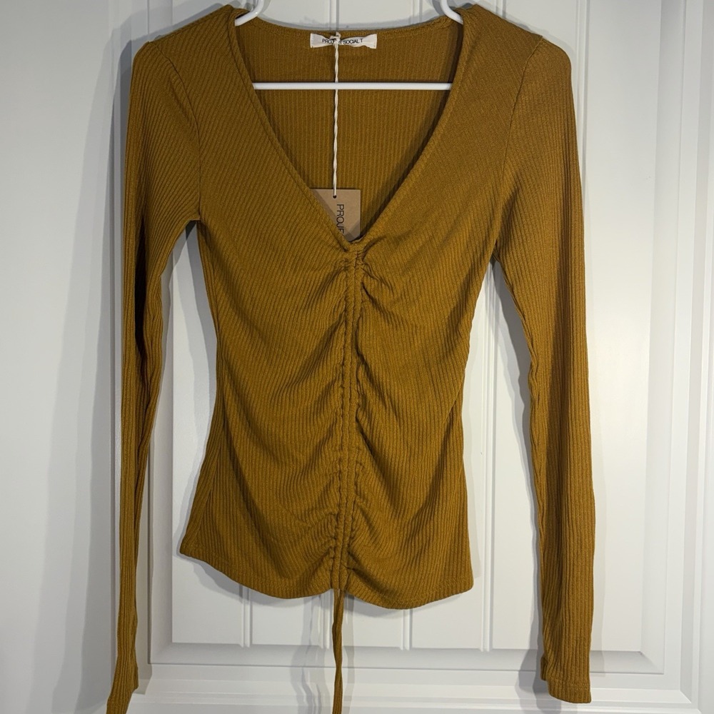 Mustard Ribbed Ruched Front Long Sleeve Top V‎ Neck Stretch Fitted XS